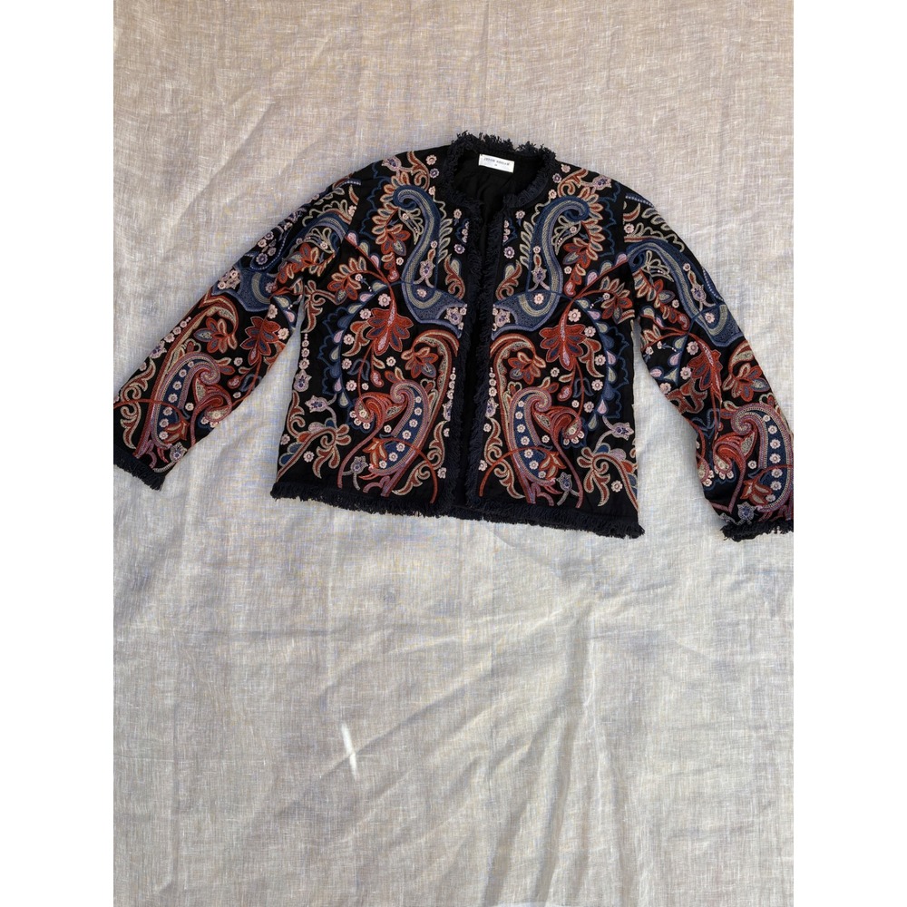 Maison Hotel XS Embroidered Paisley Fringe Open Front Jacket Black Boho Cotton